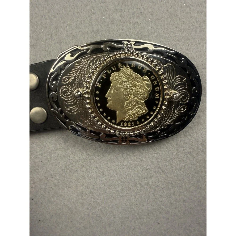 Men's Western Oval Metal Belt Buckle 1921 Morgan Silver  Coin E PLURIBUS UNUM